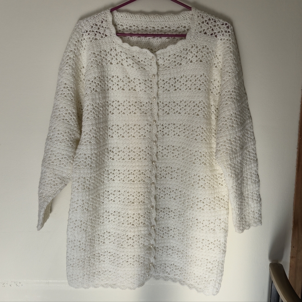 Vintage Crochet Longline Cardigan Pearlβ Button Coquette White L/XL